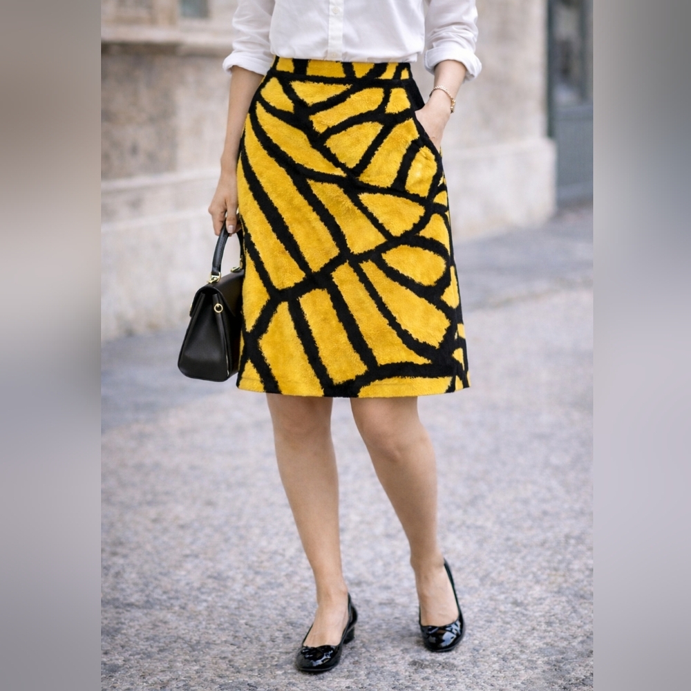 Vibrant Isaac Mizrahi Abstract Yellow Black Skirt Statement Print Size 6